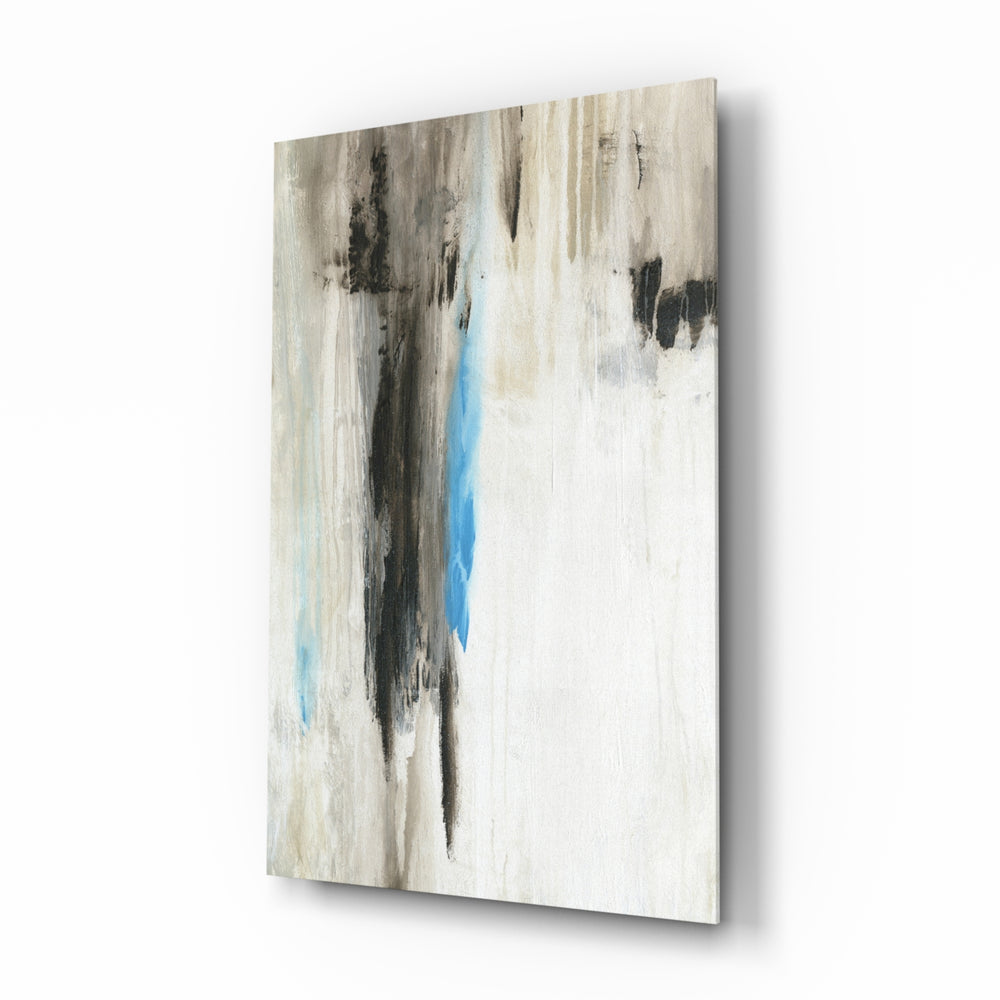 Abstract glass wall art displayed above a console in a designer interior