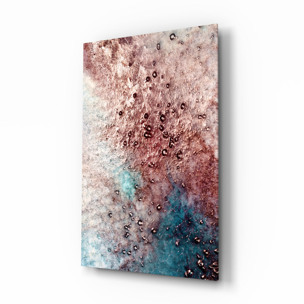 Abstract glass wall art displayed above a console in a designer interior