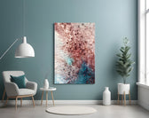 Abstract glass wall art styled above a bed in a jewel-tone bedroom