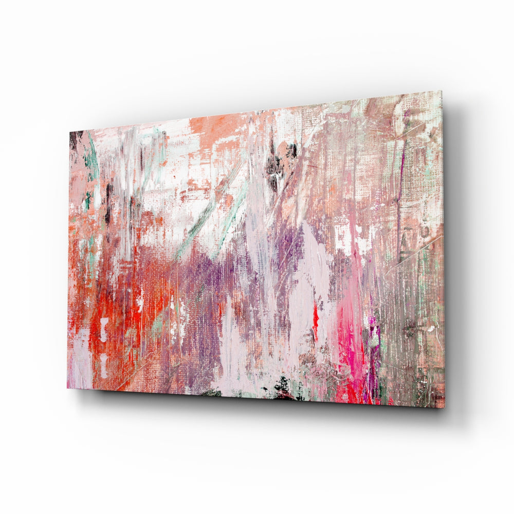 Abstract glass wall art displayed above a console in a designer interior