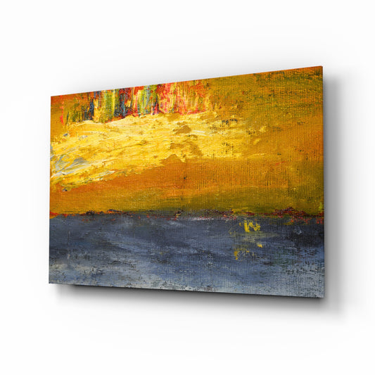 Abstract glass wall art displayed above a console in a designer interior