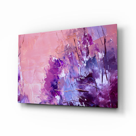 Abstract glass wall art displayed above a console in a designer interior