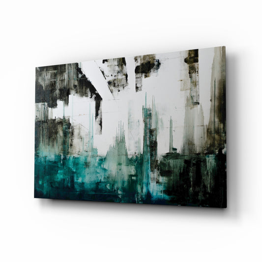 Abstract glass wall art displayed above a console in a designer interior