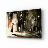 Rainy City glass wall art displayed above a console in a designer interior