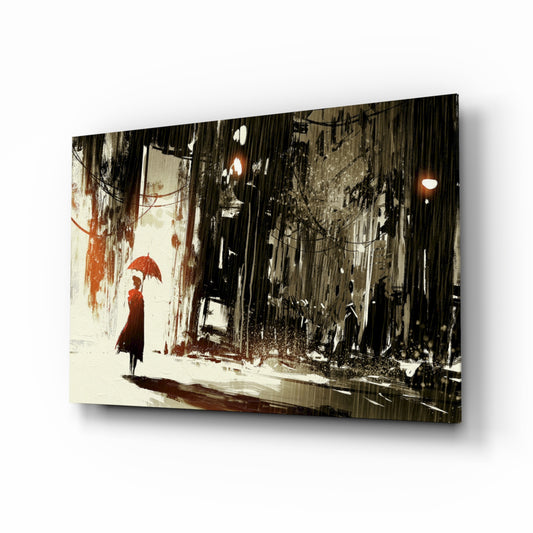 Rainy City glass wall art displayed above a console in a designer interior