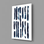 Navy tally-stripe panel bringing reflective calm to a contemporary living space