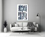 Close-up detail of vertical navy brushstrokes on white canvas