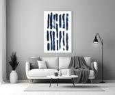 Close-up detail of vertical navy brushstrokes on white canvas