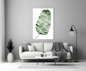 Close-up detail of striped banana leaf in soft jade watercolor wash