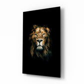 Lion glass wall art displayed above a console in a designer interior