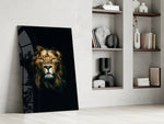 Lion glass print enhancing a hallway with sentinel gaze