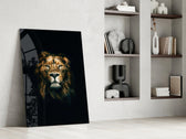 Lion glass print enhancing a hallway with sentinel gaze