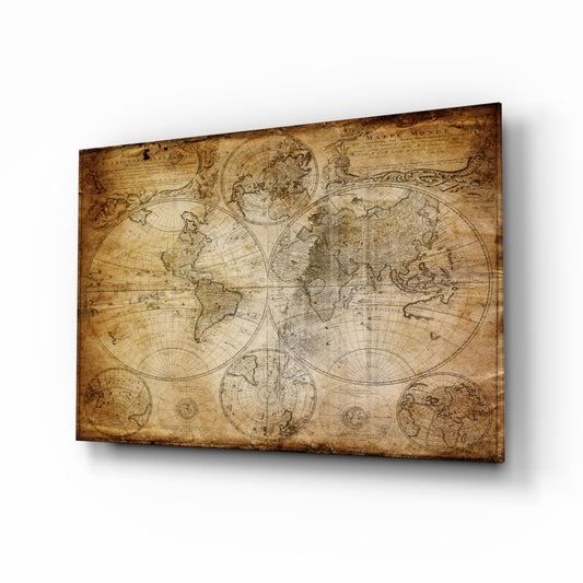 World Map glass wall art displayed above a console in a designer interior