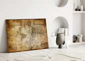Close-up detail of twin globes on aged sepia parchment