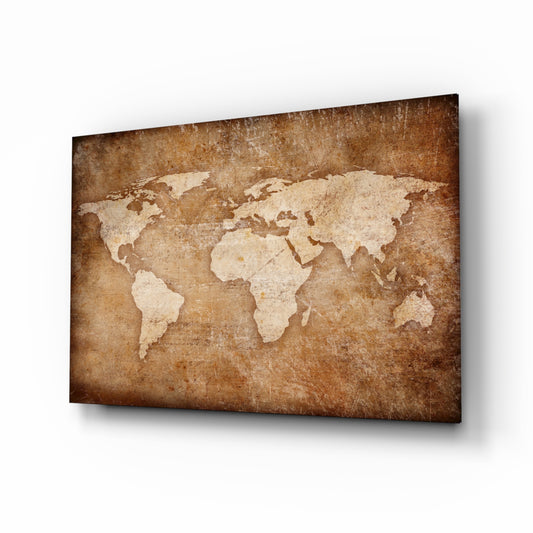 World Map glass wall art displayed above a console in a designer interior