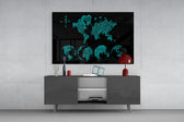 Continents panel catching low light to reveal its sketched globes