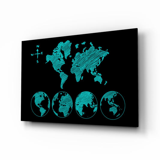 Continents glass wall art displayed above a console in a designer interior