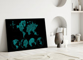 Close-up detail of turquoise sketched continents and hemispheric globes