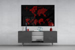 Continents panel catching low light to reveal its scarlet sketch