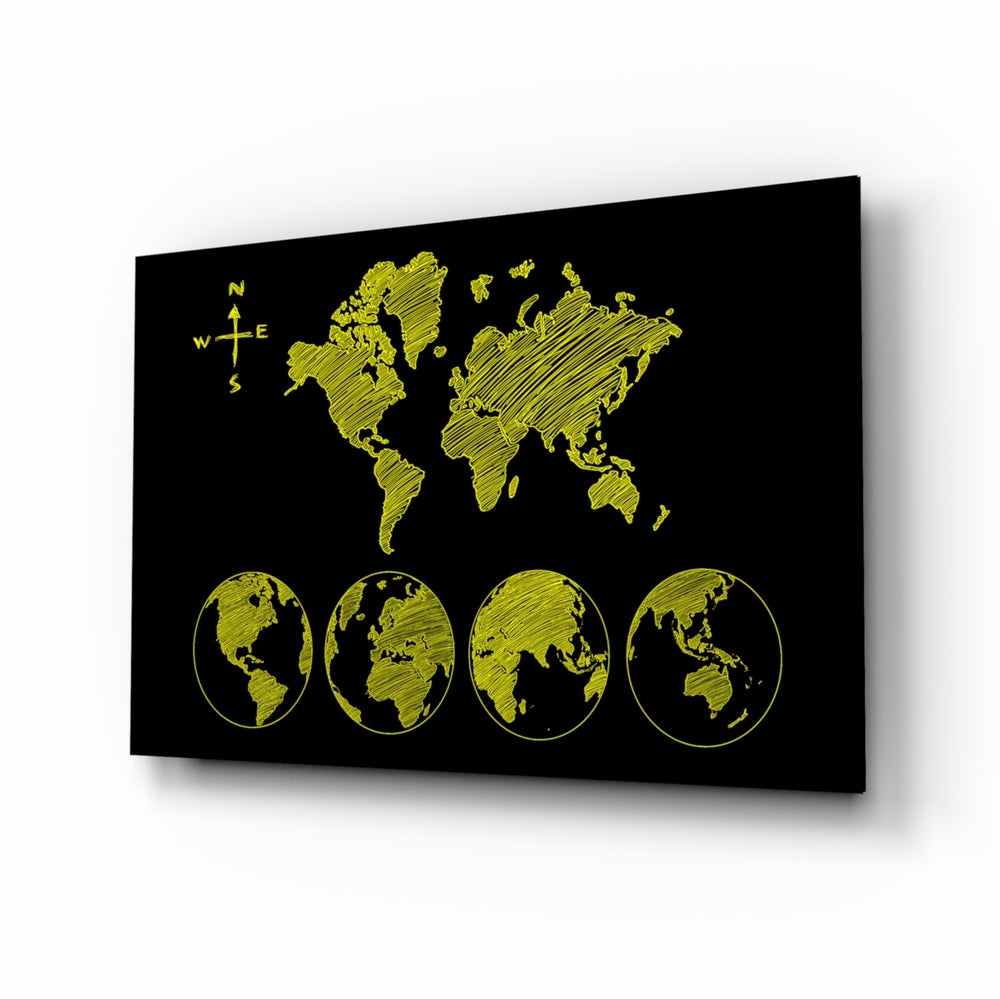 Continents glass wall art displayed above a console in a designer interior