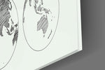 Continents artwork anchoring a library with soft palette