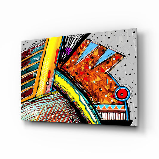 Abstract Chameleon glass wall art displayed above a console in a designer interior