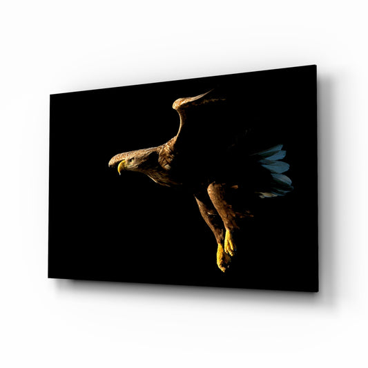 Eagle glass wall art displayed above a console in a designer interior