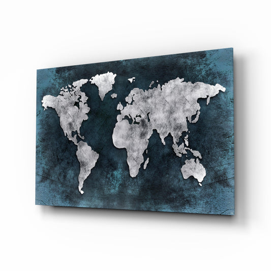 World Map glass wall art displayed above a console in a designer interior