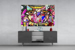 Abstract Owl panel catching gallery light to reveal its folk-pop layers