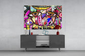 Abstract Owl panel catching gallery light to reveal its folk-pop layers