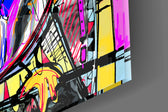 Abstract Owl artwork anchoring a playroom wall with saturated palette