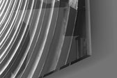 Geometric Structures artwork anchoring a corridor with monochrome palette