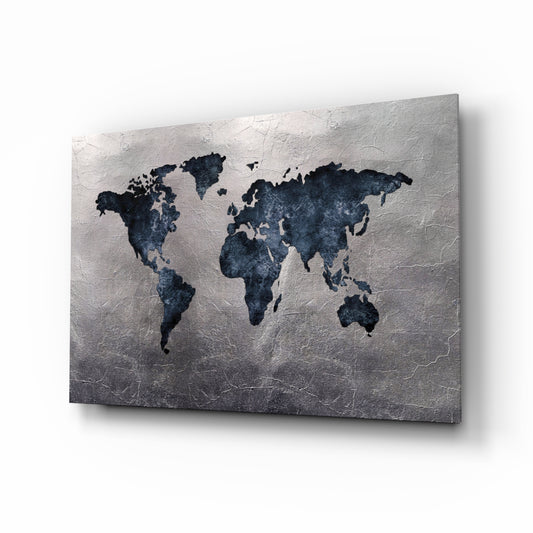World Map glass wall art displayed above a console in a designer interior