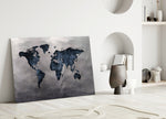 Close-up detail of navy continents on cracked silver-stone plaster