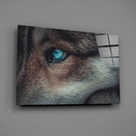 Ice-blue wolf-eye panel bringing predator presence to a contemporary living space