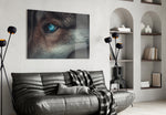 Wolf's Eye glass wall art styled above a desk in a moody study