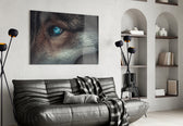 Wolf's Eye glass wall art styled above a desk in a moody study