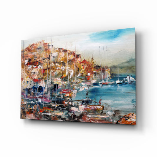 Ships glass wall art displayed above a console in a designer interior