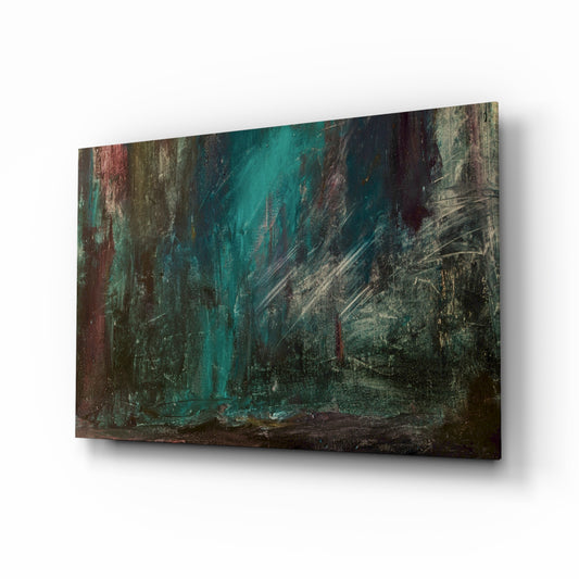 Abstract Colors glass wall art displayed above a console in a designer interior