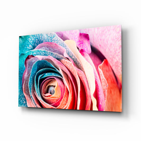 Colored Rose glass wall art displayed above a console in a designer interior