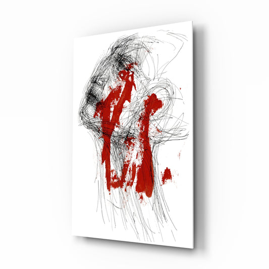 Red Thoughts glass wall art displayed above a console in a designer interior