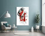 Red Thoughts glass wall art styled above a desk in an introspective study