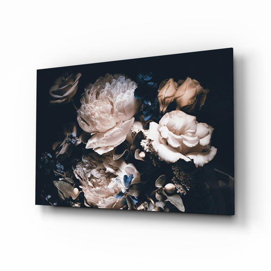 Flowers glass wall art displayed above a console in a designer interior