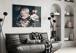 Flowers glass wall art styled above a sideboard in a moody dining room