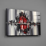 Skyline-reflection panel bringing urban drama to a contemporary living space