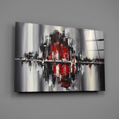 Skyline-reflection panel bringing urban drama to a contemporary living space