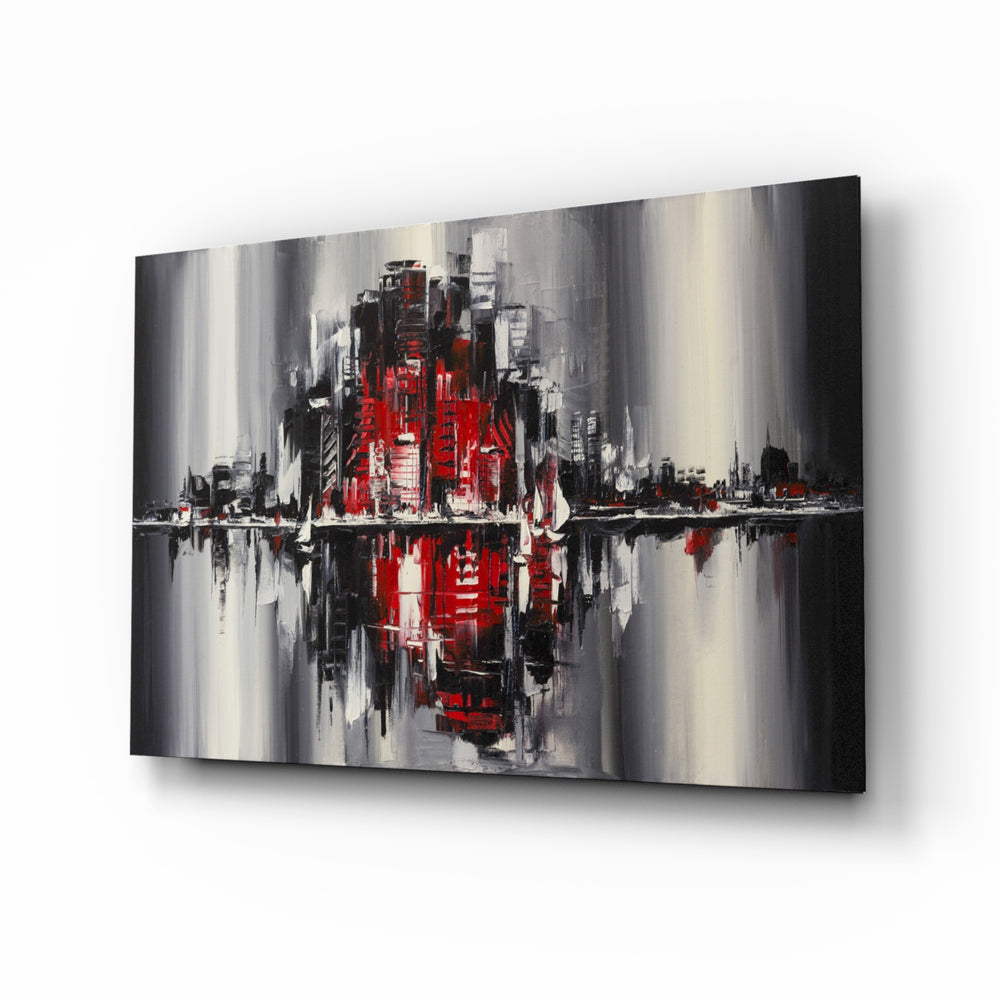 City Reflection glass wall art displayed above a console in a designer interior