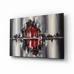 City Reflection glass wall art displayed above a console in a designer interior