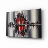City Reflection glass wall art displayed above a console in a designer interior