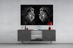 Lion panel catching low light to reveal its mirrored intensity
